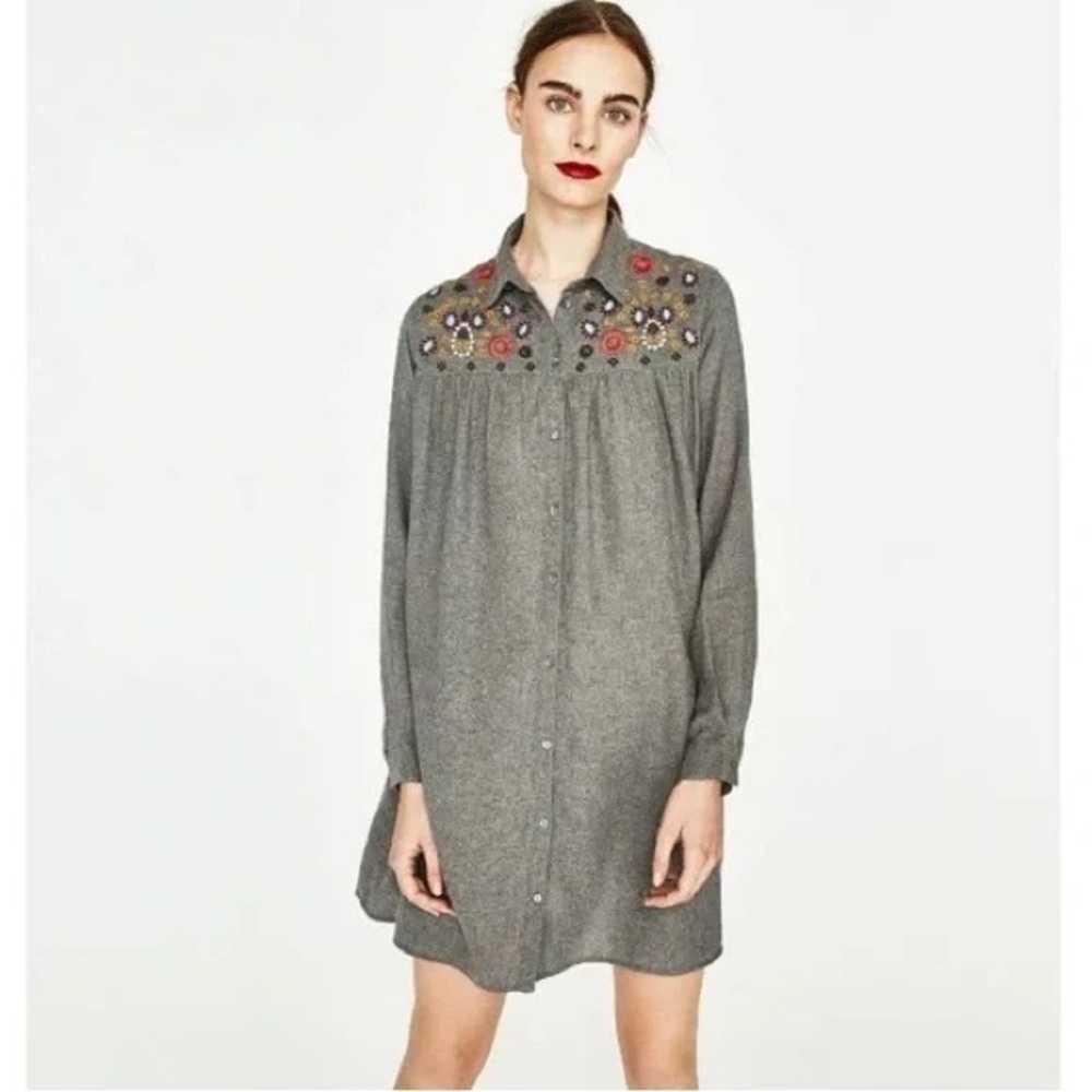 Zara Embroidered Gray Shirt Dress